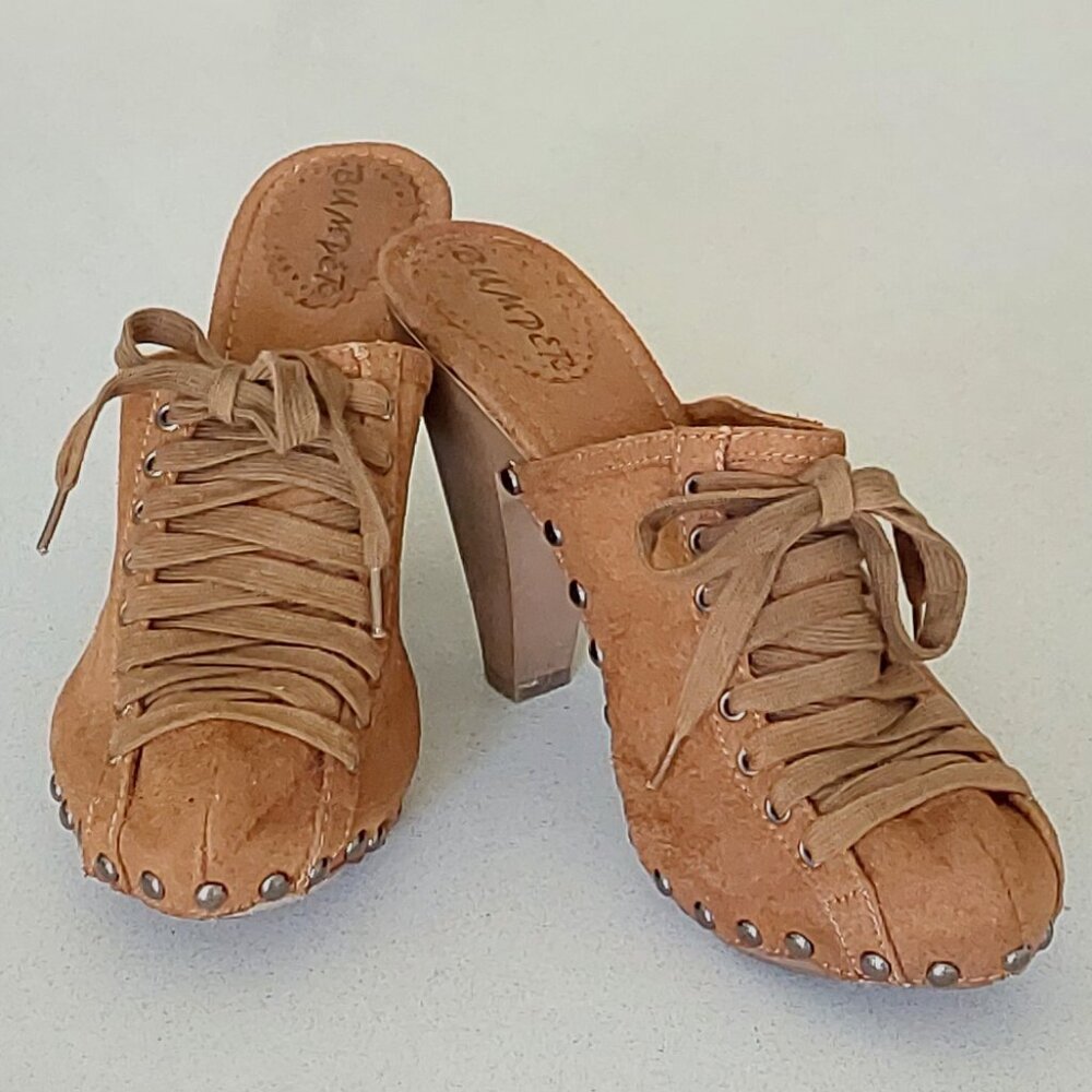 Bumper Slip-in Lace-up Sienna Brown Suede Mule Pumps Women's Size 9.5